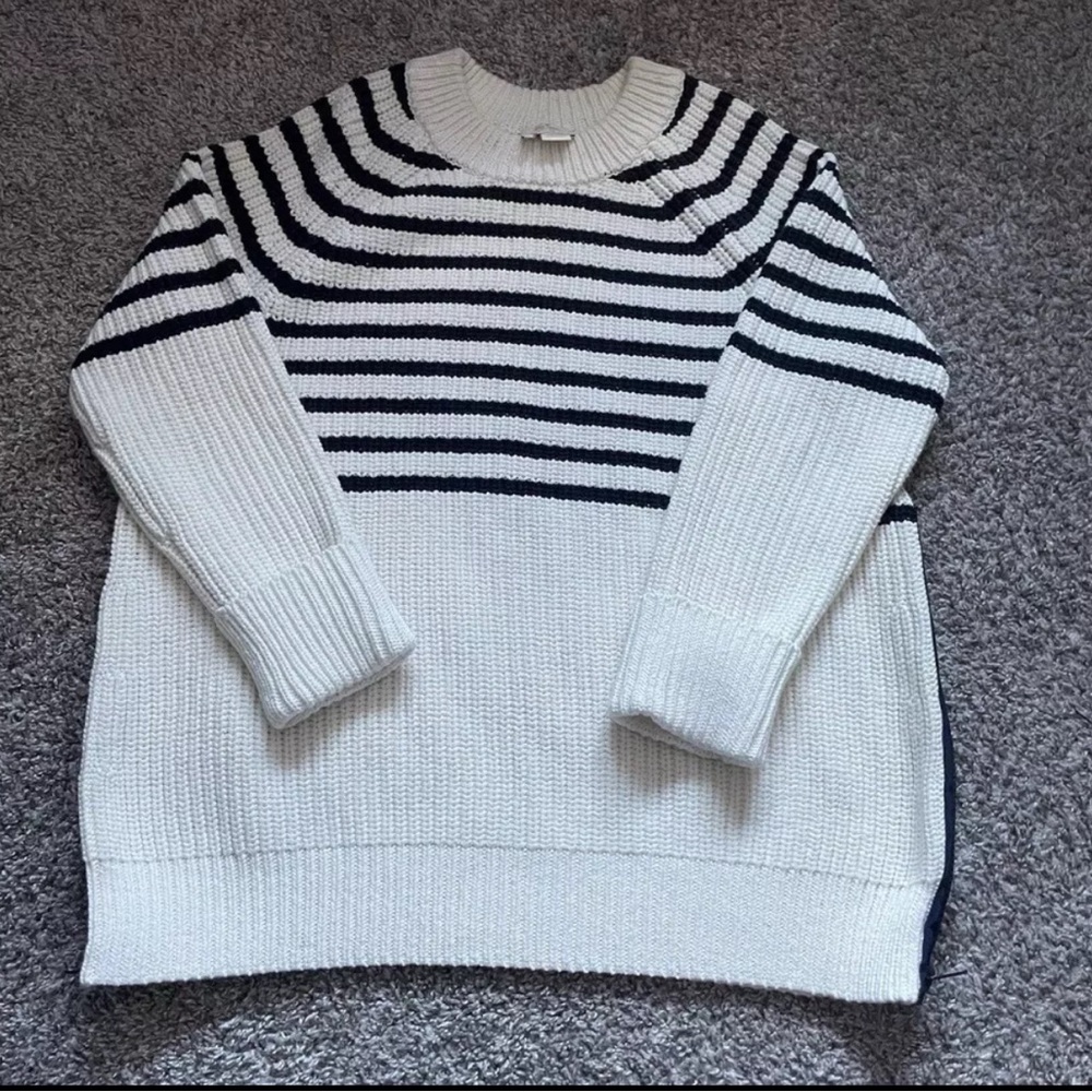 Kate Spade Sweater Womens Medium Cream Navy Striped Chunky Ribbed Knit Old Money